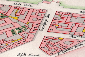 Ein detaillierter alter Stadtplan von Kill Torvet, Deutschland, der Straßen, Gebäude und Sehenswürdigkeiten zeigt, mit Text oben und unten.