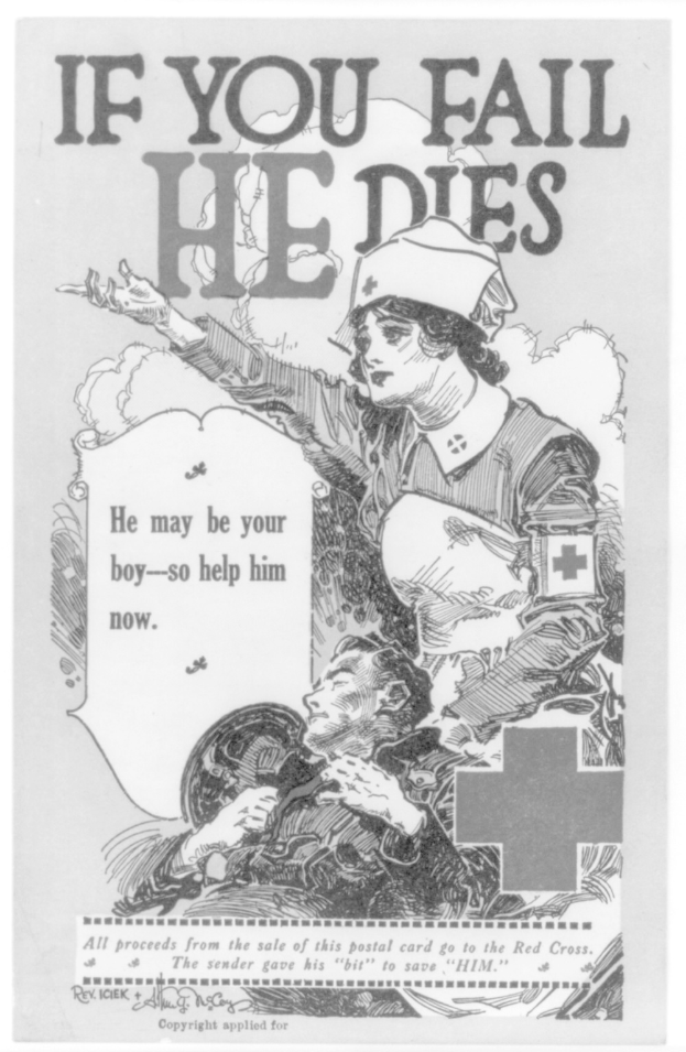 Schwarzes und weißes Plakat mit einer entschlossenen Frau und einem besorgten Mann mit Text, der Unterstützung für "deinen Jungen" fordert.