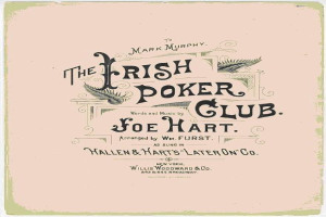 Ein Plakat mit der Aufschrift "The Irish Poker Club" in fetter schwarzer Schrift auf einem weißen Hintergrund, eingerahmt von einem schmalen schwarzen Rand, mit einer bunten Kleeblatt-Illustration.