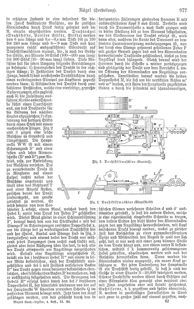 Eine Buchseite mit einer Zeichnung einer Maschine, überschrieben mit "Deutsches Patent 977,977", umgeben von weiteren Bildern der Maschine.