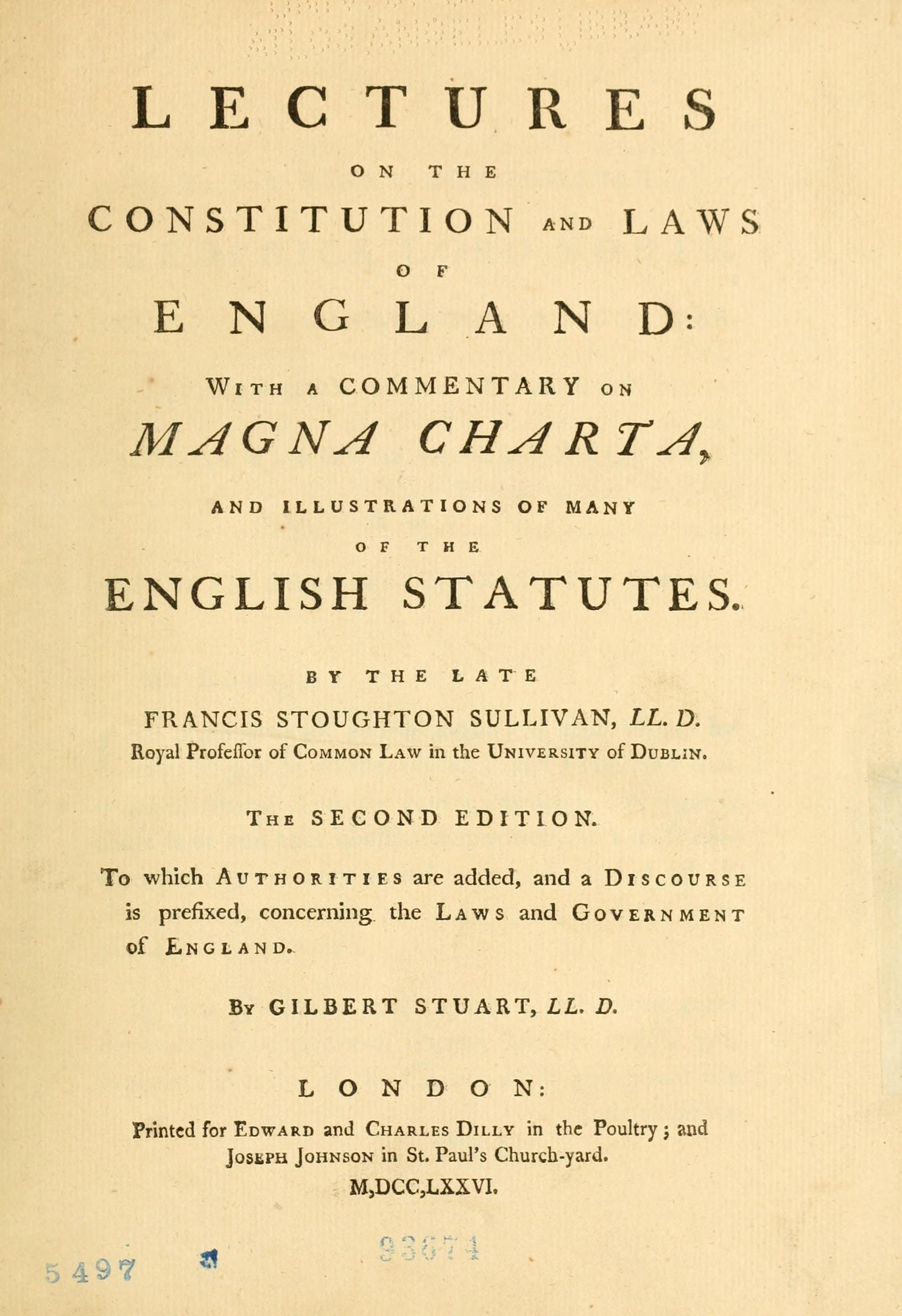 Altes Buch mit dem Titel "Vorträge über die Verfassung und Gesetze Englands mit einem Kommentar zur Magna Charta und Illustrationen vieler englischer Gesetze" geöffnet auf einer Seite mit schwarzer Tinte