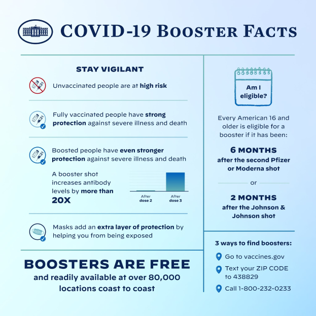 Plakat mit Text und Bildern über Covid-19-Booster-Fakten, einschließlich Statistiken, Virus-Typ, Risiken und einer Person mit Mund-Nasen-Schutz.