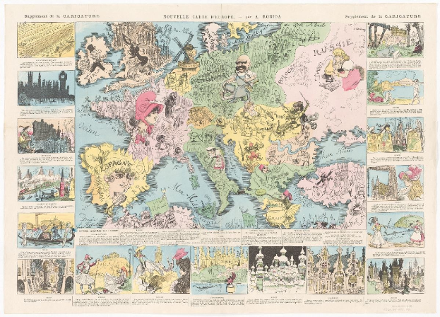 Ein buntes Plakat einer cartoonartigen Europakarte mit illustrierten Details von Ländern, Städten, Flüssen und geografischen Merkmalen, begleitet von erklärendem Text.