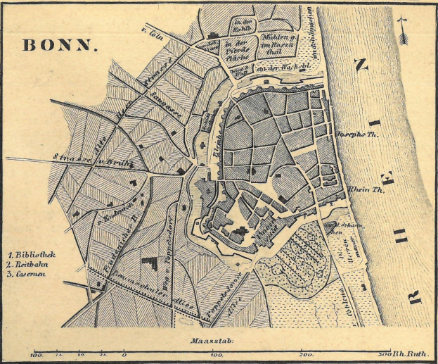 Detailierte alte Karte von Bonn, Deutschland, zeigt Straße, Gebäude und Landmarken mit sichtbarem Text.