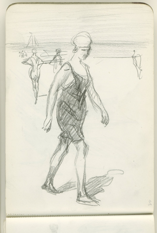 Eine Skizze einer Frau in einem langärmeligen Kleid mit hohem Kragen und Dutt, die bei Sonnenuntergang am Strand spaziert und von einem warmen Orangeton umgeben ist.