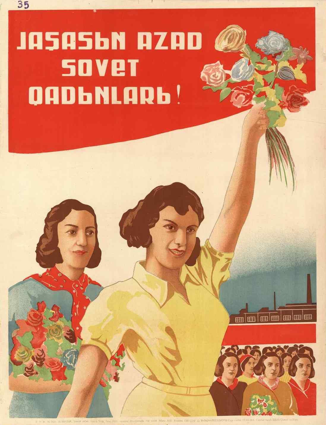 Sowjetisches Propagandaplakat zum Frauentag mit einer Frau, die einen Blumenstrauß hält, umgeben von Menschen und einem Gebäude im Hintergrund.