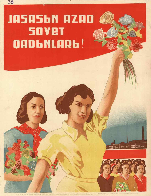 Sowjetisches Propagandaplakat zum Frauentag mit einer Frau, die einen Blumenstrauß hält, umgeben von Menschen und einem Gebäude im Hintergrund.