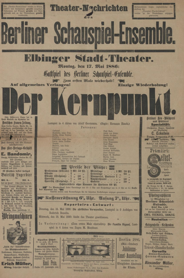 Schwarze und weiße Zeitungsanzeige für das Berliner Schauspiel-Ensemble mit einem Mann im Anzug und Krawatte, mit dichtem Text darunter.