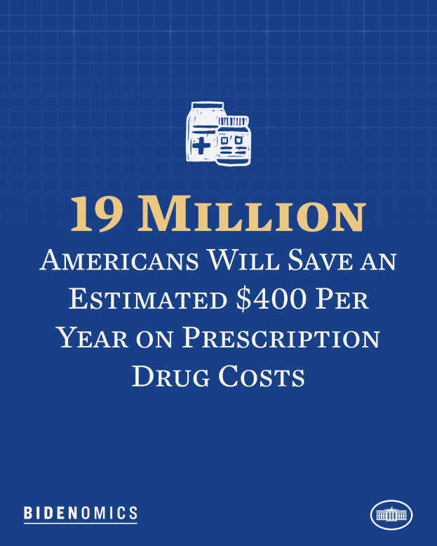 Ein blauer Hintergrund mit weißer Schrift und einem Logo, das "19 Millionen Amerikaner werden geschätzt 400 USD pro Jahr an Arzneimittelkosten sparen" lautet.