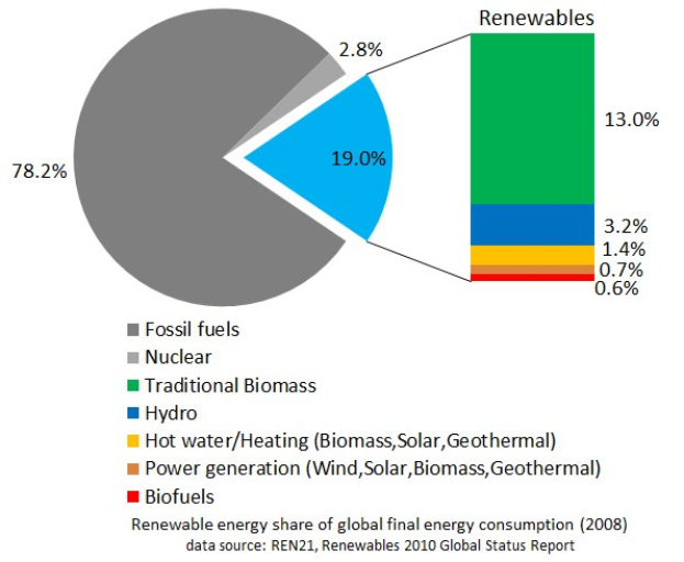 Tortendiagramm, das den globalen erneuerbaren Energieverbrauch im Jahr 2008 zeigt, aufgeteilt nach Quellen wie fossile Brennstoffe, Kernenergie, Hydro, Warmwasser, Heizung, Biomasse, Solar, Geothermie und Biokraftstoffe.
