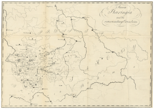 Eine Papierkarte des Königreichs Thüringen und der umliegenden Länder mit Grenzen und Textbeschriftungen.