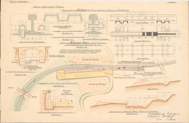 Ein detailliertes Bild einer Eisenbahnschiene und eines Eisenbahnlayouts auf altem Papier mit begleitendem Text.
