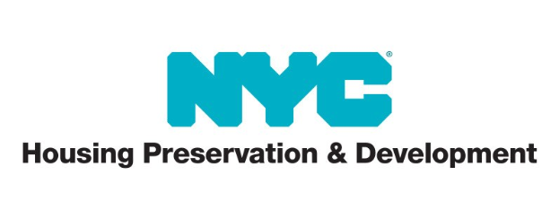 Weißer Hintergrund mit zentrierter fetter schwarzer Schrift "NYC Housing Preservation & Development" in einer modernen Schriftart, umgeben von einem dünnen schwarzen Rand.