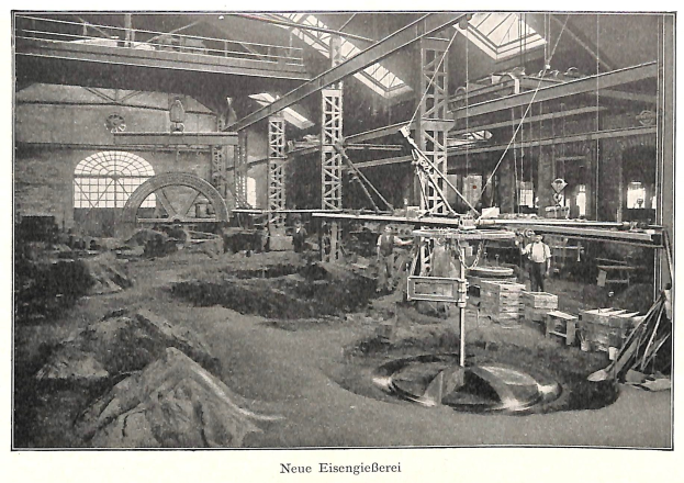 Schwarzes und weißes Foto einer Fabrikhalle mit Arbeitern an Maschinen, Metallstangen und -rohren, beschriftet mit 'Neue Eisenglebeerei, die erste Fabrik Deutschlands' unten.