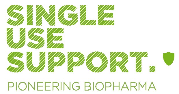 Weißer Hintergrund mit grüner fettgedruckter Schrift, die "single use support pioneering biopharma" lautet.