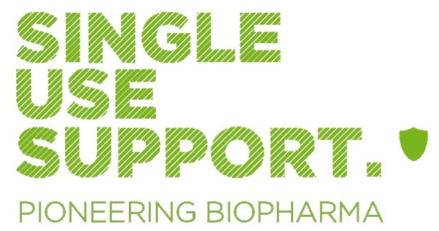 Weißer Hintergrund mit grüner fettgedruckter Schrift, die "single use support pioneering biopharma" lautet.