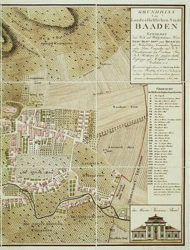 Detailiertes altes Stadtplan von Baden-Württemberg, Deutschland, mit einem Gebäude in der rechten unteren Ecke, das Straßen, Gebäude und andere Merkmale zeigt, einschließlich Text mit Bevölkerungsangaben, Sehenswürdigkeiten und Straßeninformationen.