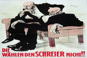 Ein deutscher Propagandaplakat für die NSDAP, das zwei Männer auf einem Sofa zeigt, mit Text, der wahrscheinlich Informationen über die Partei enthält.