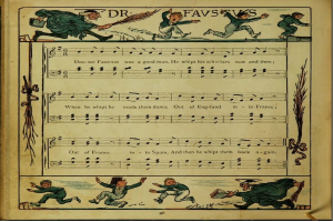 Eine bunte Illustration von tanzenden Menschen ist auf einer offenen alten Buchseite zu sehen, die auch verschiedenen-Schrifttext enth├Ąlt.