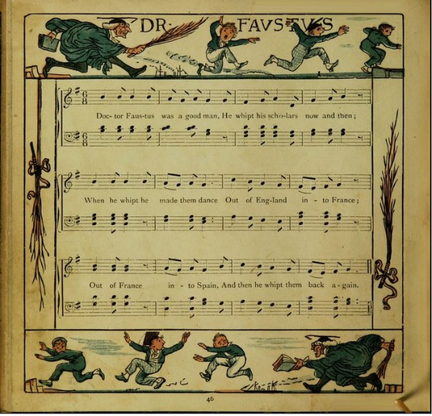 Eine bunte Illustration von tanzenden Menschen ist auf einer offenen alten Buchseite zu sehen, die auch verschiedenen-Schrifttext enth├Ąlt.