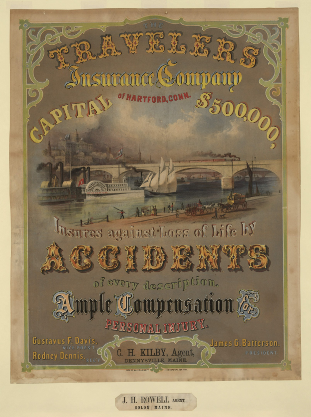 Werbeplakat für die Traveler's Insurance Company of Hartford, Connecticut, mit Booten, einer Brücke, Gebäuden und Text, der Reiseversicherungsdienstleistungen anbietet.