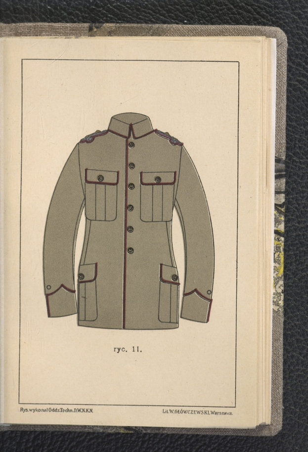 Offenes Buch mit einer detaillierten Zeichnung einer Militäruniform mit einem Hemd, Gürtel und Schnalle, betitelt "Militäruniform."