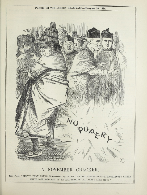Ein Artikel mit dem Titel "Ein November-Knaller - Punch, oder die Londoner Charivari - November 28, 1874" mit einer Gruppe von Menschen und einem dekorativen Rahmen.