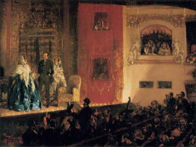 Gemälde namens 'Die Oper' (1856) zeigt Darsteller auf der Bühne mit Instrumenten und sitzenden Figuren vor Publikum und einer Wand.