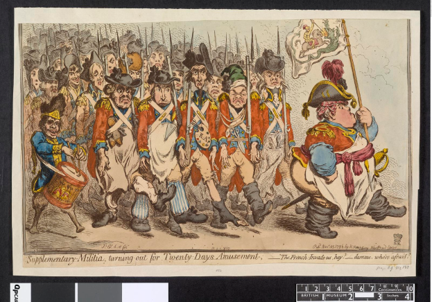 Eine Gruppe von Männern in Militäruniformen marschiert auf einer Straße, einer hält einen Stock in der Hand, mit dem Text "Zusätzliche Miliz, Ausmarsch für zwanzig Tage Vergnügen" unten.