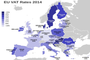 Eine Karte von Europa, die die EU-Mehrwertsteuersätze für 2014 mit Prozentangaben und Textanzeigen zeigt.