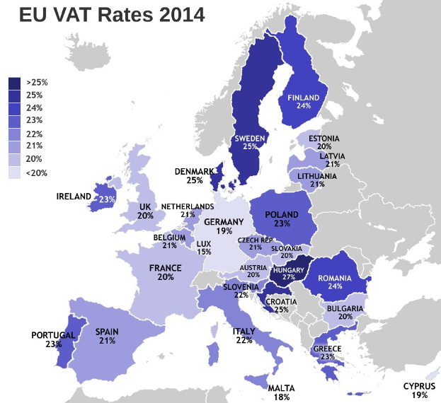 Eine Karte von Europa, die die EU-Mehrwertsteuersätze für 2014 mit Prozentangaben und Textanzeigen zeigt.