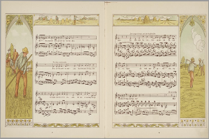 Ein aufgeschlagenes Buch mit dem Titel "Die Musik der Welt" zeigt eine Illustration eines Mannes in Hut und Stab sowie einer Frau in Kleid und Blumenkorb, beide mit Musikinstrumenten, vor grünem Feld und blauem Himmel.