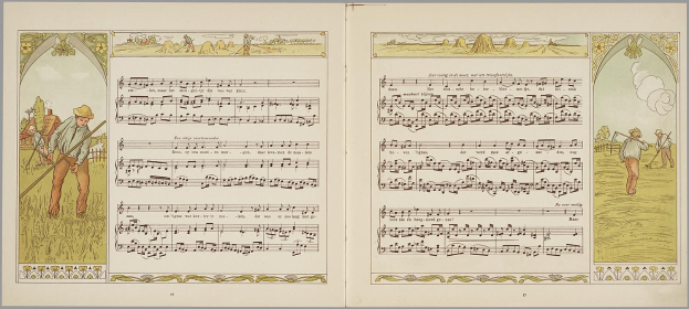 Ein aufgeschlagenes Buch mit dem Titel "Die Musik der Welt" zeigt eine Illustration eines Mannes in Hut und Stab sowie einer Frau in Kleid und Blumenkorb, beide mit Musikinstrumenten, vor grünem Feld und blauem Himmel.