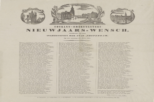 Alte Zeitung mit einem historischen Stadtbild, Text und Fotos.