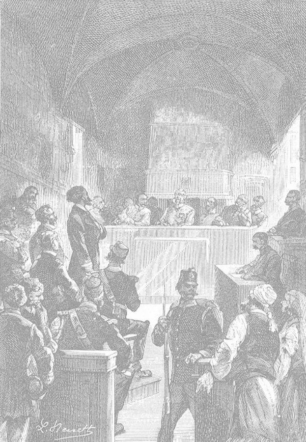 Schwarz-weißes Gerichtsszenario mit dem Titel 'Der Prozess gegen Thomas Jefferson' mit einem Mann, der eine Waffe hält.