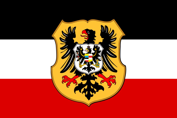 Eine waagerechte Trikolore-Flagge aus rot, weiß und schwarz mit einem zentralen Logo eines Doppeladlers.