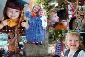 Ein Collage-Bild mit Vergnügungspark-Fahrgeschäften, einem Tisch mit Lebensmitteln, Besteck und verschiedenen Gegenständen vor einem Hintergrund aus Bäumen, Gras und Lichtern.