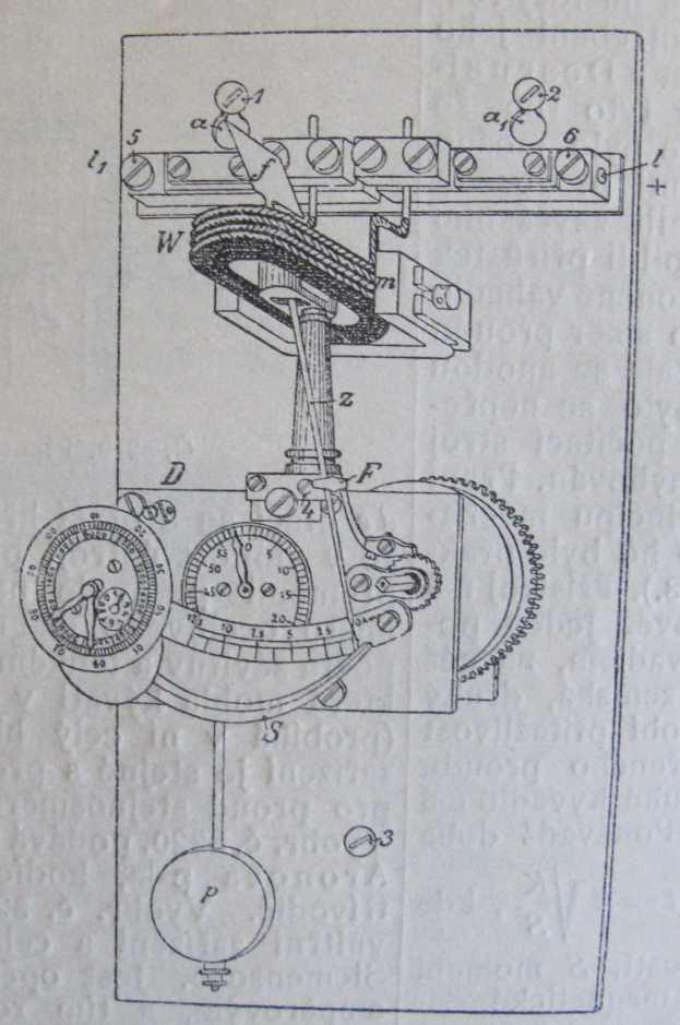 Eine detaillierte Linienzeichnung einer mechanischen Vorrichtung mit einem Uhrwerk, Zahlen und Text sowie detaillierten Bauteilen.