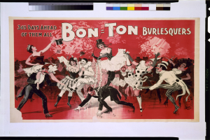 Ein Plakat mit einer Gruppe von Menschen in bunten Kostümen, die tanzen, mit dem Text "Bon-Ton Burlesquers - 365 Tage Vor Allen" oben.