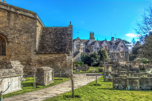Ein Wohngebiet mit Häusern, Gebäuden, Pflanzen, Bäumen und Gras auf dem Boden.