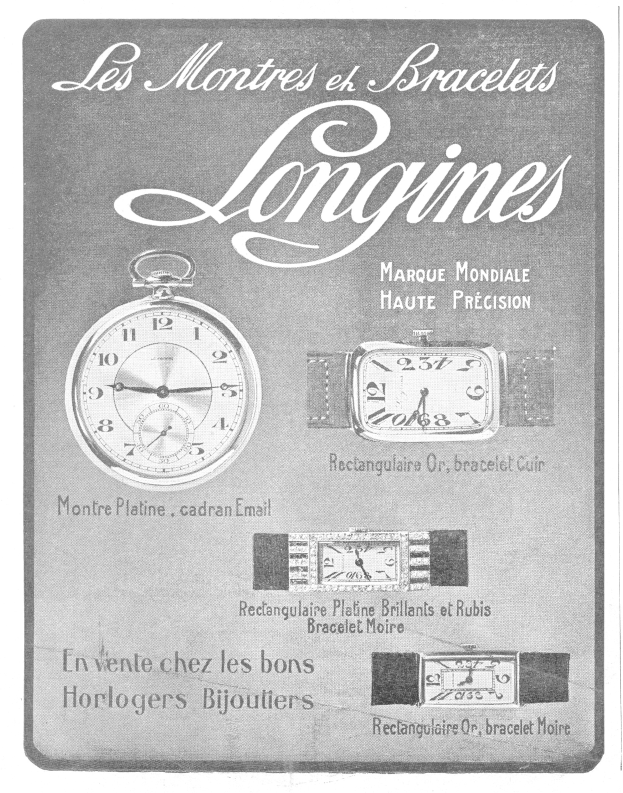 Vintage-Werbetafel für eine Longines-Uhr aus den 1920er Jahren mit gedämpften blauen und grauen Tönen, klassischer Typografie und detaillierten Abbildungen von Uhren.