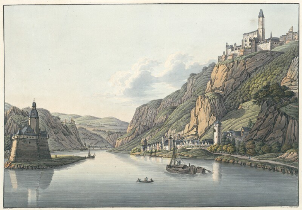 Malerisches Bild eines Flusses mit Booten, umgeben von Hügeln, Bäumen, Gebäuden und einer wolkenverhangenen Himmel, mit der Beschriftung "Schloss Karlsruhe in Deutschland" unten.