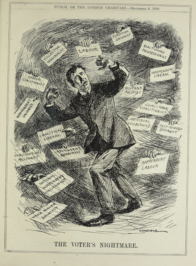 Ein Blatt mit einer Zeichnung eines Mannes im Anzug und Krawatte, der ein Schild hält, auf dem steht "Der Albtraum des Wählers" und einen entschlossenen Gesichtsausdruck hat.