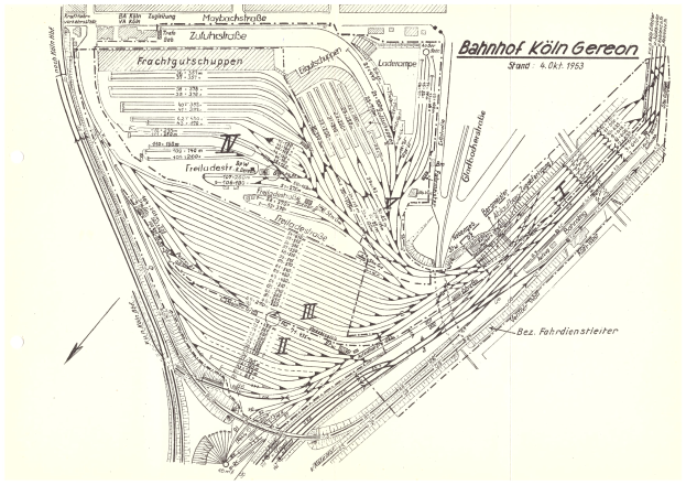 Schwarze und Weiße Karte von Köln, Deutschland, 1883, mit Straßen, Gebäuden und dem Bahnhof Köln Gereon.