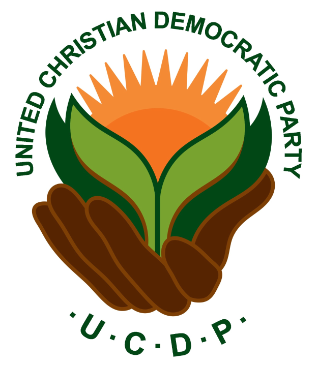 Logo der Vereinigte Christdemokratische Partei (UCDP) mit einer Hand, die eine leuchtend gelbe Blume mit einem grünen Stiel und Blättern hält, vor einem weißen Hintergrund mit einem blauen und gelben Kreis. Der Text "UCDP" ist in fetter schwarzer Schrift darunter geschrieben.