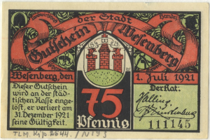 Eine alte deutsche Banknote mit einem Gebäude darauf, der Text 'Bundesliga' und ein Logo unten, vor einem weißen Hintergrund.