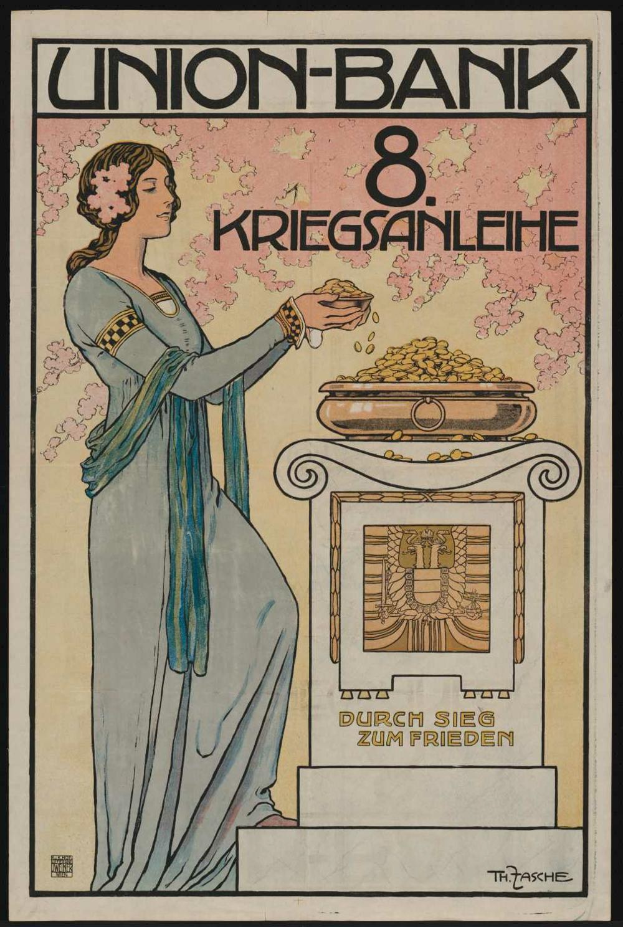 Eine Frau in einem weißen Kleid hält eine Schüssel mit Essen in der Hand und steht vor einem schwarzen Hintergrund mit einem Plakat, auf dem "Union-Bank 8 Kriegsanleihe" in deutscher Sprache steht.