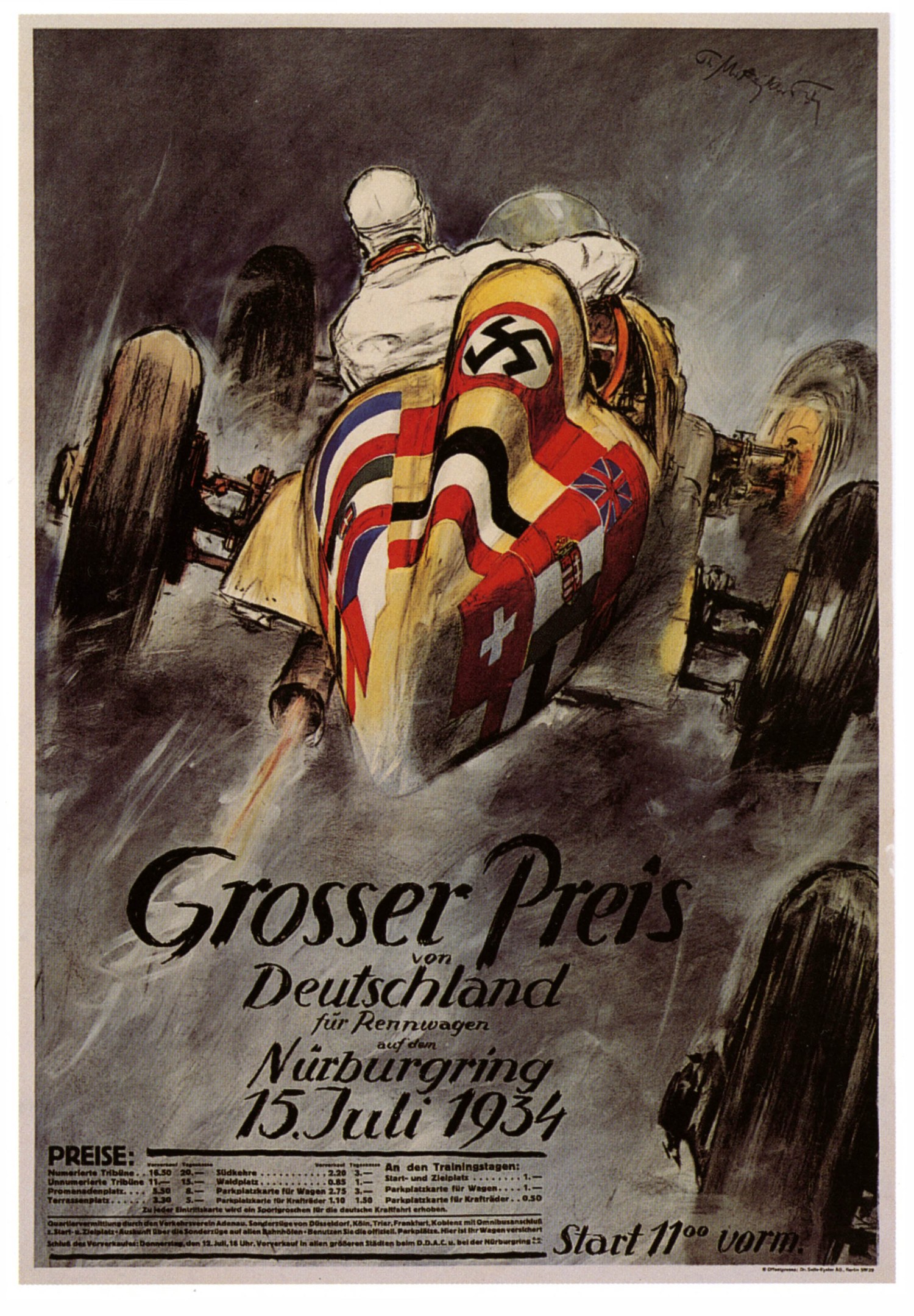 Ein Plakat, das ein Rennauto mit einer Nazi-Flagge zeigt, mit leuchtend gelben und roten Autos und einem schwarz-weißen Karomuster auf der Motorhaube, einem Fahrer in einem schwarzen Helm und einem rot-weiß gestreiften Hemd, vor einem leuchtend blauen Himmel mit weissen Wolken.