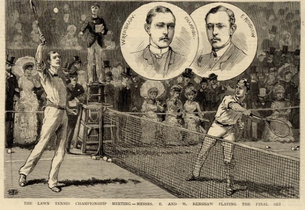 Schwarz-weiß-Zeichnung von zwei Männern beim Tennis-Spiel im Endspiel, mit Zuschauern im Hintergrund und Text unten mit der Aufschrift "The Lawn Tennis Championship Meeting - Messers, E und W Renshaw spielen das Endspiel".