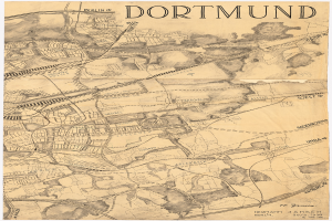 Ein detaillierter Stadtplan von Dortmund, Deutschland, der Straßen, Gebäude und Sehenswürdigkeiten zeigt, mit Text oben und unten.
